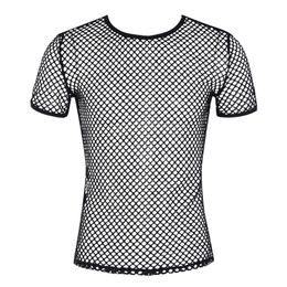 Mens T-shirt Tops Hollow Out Short Sleeve See Through Fishnet Mesh T-Shirts Round Neck Crisscross Back Performance Club wear 240529