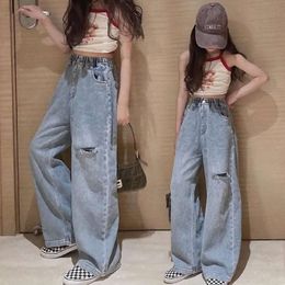 Korean Version Ripped Casual Trousers Girls Fashion Western Style Wide Leg Pants Spring Autumn Children Jeans L2405