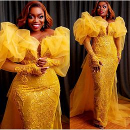 2024 Plus Size Arabic Aso Ebi Yellow Sheath Prom Dresses Lace Evening Formal Party Second Reception Birthday Engagement Gowns 0530