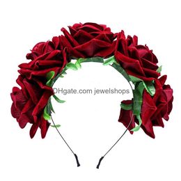 Headbands Elegant Rose Flowers Hair Band Headband Crown Po Props For Wedding Party Cosplay Costume Accessory Dark Red Drop Delivery J Dhw18
