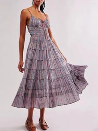 Casual Dresses Fashion Women Slip Dress Spaghetti Straps Backless Striped Layered Long Swing Club Street Style S-XL