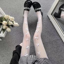 Women Socks Lolita Girls Bowknot Hollow Out Pantyhose Sexy Thin Lace Tights Anime Black White Fishnet Silk Stockings