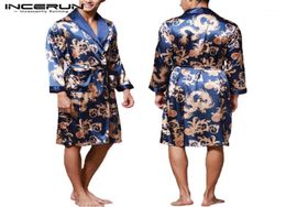 INCERUN Fashion Satin Silk Pajamas Mens Robe Long Sleeves Bathrobe Lucky Chinese Dragon Print Gown Bathrobe Sleepwear Lounge12565919