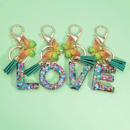 A -Z Heart Sequins Filled Letter Keychain With Green Tassel Fashion Women Purse Charms 26 Initials Butterfly Pendant Keyring