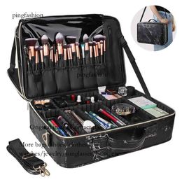 NXY Cosmetic Bags Relavel 2022 Hot Selling Professional 3 Layer Large Marble Black PU Train Case Brush Organiser Storage Travel Co Ping