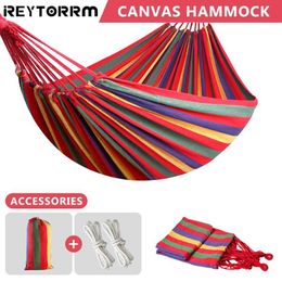 Hammocks 180*150cm Single Outdoor Camping Hammock Portable Travel Wide Thick Canvas Stripe Swing with Carrying Bag 2 Tree Straps H240530