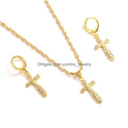 Earrings & Necklace Senior African Jewellery Sets Pendant Fine18 K Yellow G/F Gold Crystal Cross White Inlay Cz Women Drop Delivery Dh8Oy