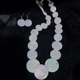 10-30mm Aurora White Shell The mother of Pearl Necklace Earrings Set Round Disk Beads Choker Beach Classic Jewelry