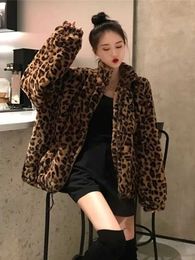Women's Fur Faux Fur Oversize Leopard Jackets Woman Casual Loose Fluffy Coats Lady Winter Warm Stylish Jacket Female Imitation Mink Zipper Outerwear z240530