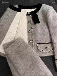 Work Dresses Thick Quilted Coats Blends Grey Wool Jacket Crop Top Winter Vintage Slim A Line Skirts Womens Two Peice Sets Bow Suit Y2k