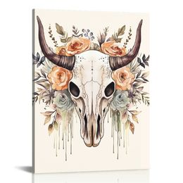 sechars Deer Antler Wall Decor Vintage Elk Skull with Flower Painting Picture Canvas Art Western Farmhouse Decorations Ready to Hang (Black, Small)