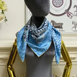Scarves women's square scarf scarves shawl 100% twill silk material blue pint letters flowers pattern size: 90cm 90cm