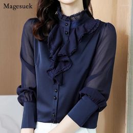 Women's Blouses Fashion Long Sleeve Women Shirts Lace Chiffon Top Office Lady Elegant Dark Blue Ruffles