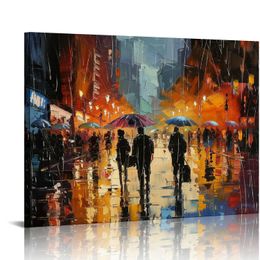 Abstract Wall Art Rain Modern Canvas Art Prints Girl Umbrella with Red Dress Walking in Street Figure Artwork, love