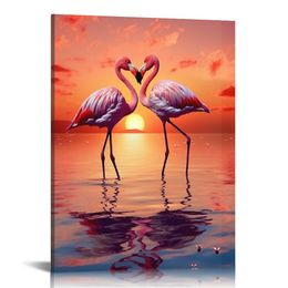 Pink Flamingo Wall Art for Living Room, Romantic Lover Kiss on Sunset Ocean Canvas Painting Decor, One Life-One Love (Ready to Hang) Rosy Pink Flamingo waterproof