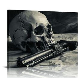 Abstract Skull with a Gun Wall Art Canvas Painting Vintage Poster Prints Home Decor Wall Picture For Living Room Gift Hanging Wall Decor Picture