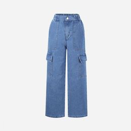2024 Spring and Summer Teenage Girls Fashion Simple Denim Slim Tooling Straight Leg Wide-leg Pants Suitable for Outdoor Play L2405