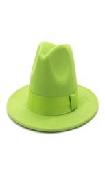 Lime Green Solid Colour Wool Felt Jazz Fedora Hats with Ribbon Band Women Men Wide Brim Panama Party Trilby Wedding Hat1256195