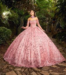 Pink Mexican Quinceanera Dresses Ball Gown Sweetheart Sparkly Lace Beaded Puffy Charro Sweet 16 Dresses 15 Anos