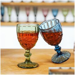 Wine Glasses 10Oz Coloured Glass Goblet With Stem 300Ml Vintage Pattern Embossed Romantic Drinkware For Party Wedding Drop Delivery Hom Dhncw