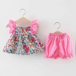 Clothing Sets Summer new baby girls suit polka dot print suspender top solid color shorts vintage holiday two-piece set H240530 707M
