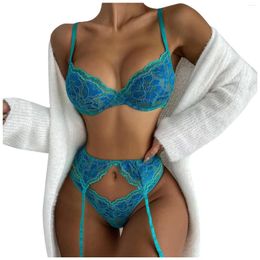 Bras Sets Sexy Lingerie Lace Bra Thong Garter 3 Piece Set Erotic Underwear Temptation Porn Sex Lenceria Femenina