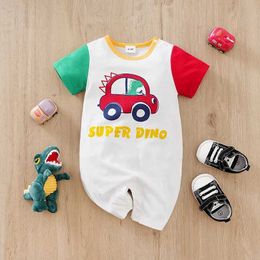 Rompers Newborn Baby Boy Short Sleeves clothing 0-18 Months one-piece cotton fashion for Cartoon dinosaur car Infant Casual Jumpsuit Y240530SZ49