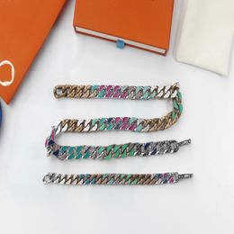 New Style Men Multicoloured Metal Engraved V Initials Enamel Crystal Ceramic Chain Links Patches Necklace Bracelet Sets MP2682 298S