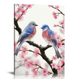 Traditional Painting of Birds on Peach Trees Canvas Prints Wood Framed Peach Blossom Wall Art Plum Flowers Print Painting