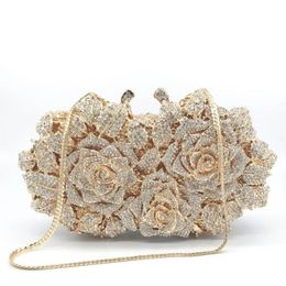 Evening Bags Dazzling Women Gold Rose Flower Hollow Out Crystal Metal Clutches Small Handbag Purse Wedding Clutch Bag Diamond 3213