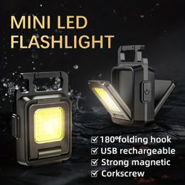 Mini LED Flashlight Keychain Light USB Rechargeable Torch Work Light Multifunctional Portable COB 90 ° Rotation Lantern For Camping Outdoor Camping Night Run