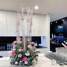 Party Decoration Whole 10 Arms Long Stemmed Modern Clear Acrylic Tube Hurricane Crystal Candle Holders Wedding Table Centerpie2446012