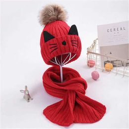Scarves Wraps Scarves Autumn and winter childrens hats and scarves set boys and girls thick warm knitting wool hats Cute cat sty hat for kids WX5.29