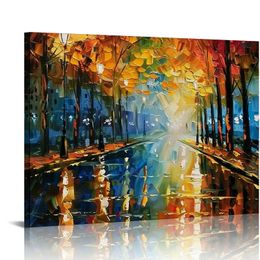 Colorful Landscape Wall Art Canvas Paintings Abstract Texture Rainbow Trees with Walking People Prints Pictures Living Room Bedroom Artwork