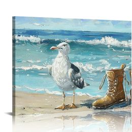 Blue Beach Seagull Pictures Decor Wall Art Ocean Landscape Sea Birds Canvas Print for Living Room Office with Framed