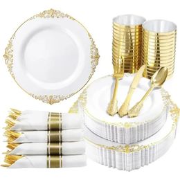 350PCS White and Gold Plastic Plates Pre Rolled Napkins with Cutlery for 50 GuestsGold Disposable 240520