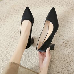 Thick Heeled Single Shoes for Women Pointed Toe Shallow Mouth High Heels Temperament Simple Medium Work Shoe Ladies Pumps 240514