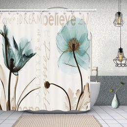 Shower Curtains Tulip Flowers Spring Floral Plant Leaves Butterfly Rustic Vintage Wood Board Fabric Bathroom Decor With Hooks