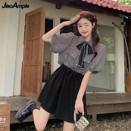 Work Dresses Summer Preppy Style Plaid Short Sleeve Shirts Mini Pleated Skirts Two Piece Set Women Vintage Black Bowknot Polo Tops Skirt