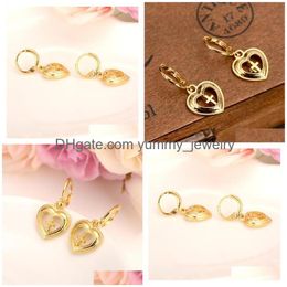 Dangle & Chandelier 18K Fine Solid Gold Earrings Heart Cross Meaning Love Trendy Jewellery African/Arab/Middle Eastern Kids Gift Drop D Dh2T4