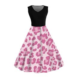 Basic Casual Dresses Summer Dress For Women 2024 Vintage 50s 60s Pin Up Rockabilly Dress Leopard Print Slveless V Neck Robe Party Office Dresses Y240504