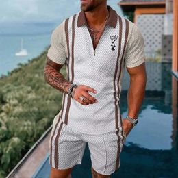 Summer Mens Suit Trend 3D Printing Zipper Polo Shirt Shorts Two Piece Set Soft Fashion Casual Men Clothing Tracksuit 240518