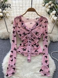 SINGREINY Butterfly Blouse Summer Long Sleeve V Neck Y2K 2024 Slim Vacation Ladies High Street Fashion Casual Shirt 240530