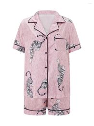 Home Clothing Women 2 Piece Pyjama Sets Cute Tiger Print Short Sleeve Button Down Shirt Elastic Shorts Pjs Set Loungewear Sleepwear
