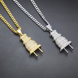Iced Out Bling Men Micro Pave Full Rhinestone Plug Pendant Necklace Gold Silver Plated Charm Cuban Chain Hip Hop Jewellery 226D