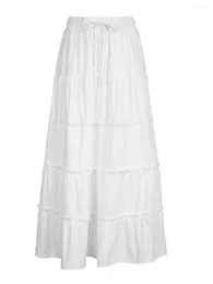 Skirts Women's White Layered Long Skirt Drawstring Elastic Waist Solid Colour Pleated Midi Side Slit Casual Beach