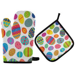 Happy Easter Oven Gloves and Pot Holders Colourful Eggs Kitchen Oven Mitts and Hot Pads Floral Oven Gloves Mitt Potholder for BBQ