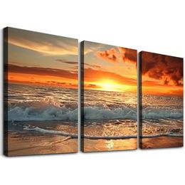 キャンバスプリントウォールアートサンセットオーシャンビーチ写真リビングルームのための写真絵画家の家の装飾海景波波波波波波アートワーク12''x16''x3パネル