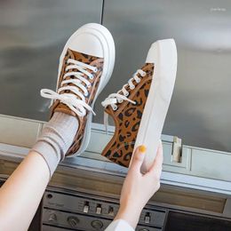 Casual Shoes Leopard Print Canvas Women Korean Fashion Board Sports Platform Chunky Sneakers Female White Pink Lace Up Flats