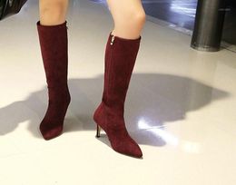 Winter Women039s Shoes Knee High School Boots Suede Super High Heels Zipper Ladies Pointed Toe Boots Autumn Fashion Large Size 2228067